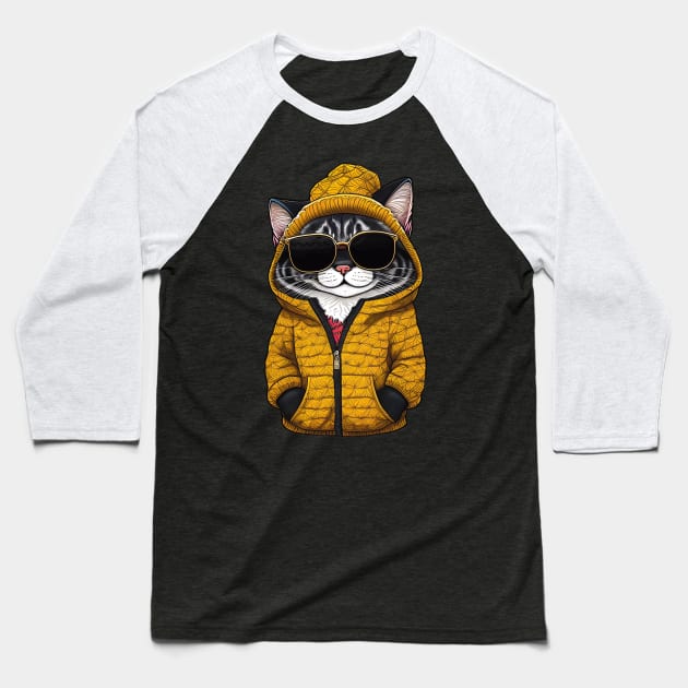 Cool Cartoon Cat in Jacket, Cap, and Sunglasses 2 Baseball T-Shirt by ImaginativeInkPOD